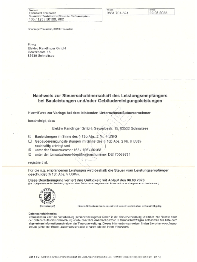 Steuer- schuldnerschaft bei Elektro Randlinger GmbH in Schnaitsee